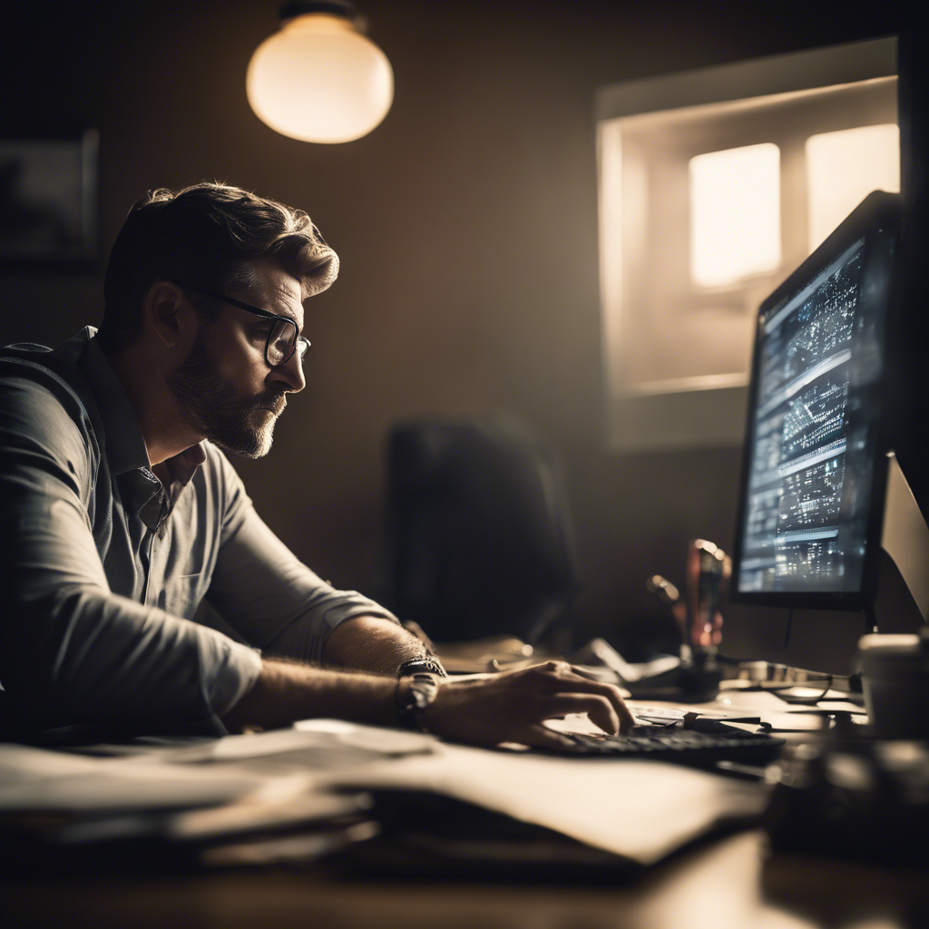 a media buyer sitting at a desk with a computer monitor and a keyboard running twitter ads