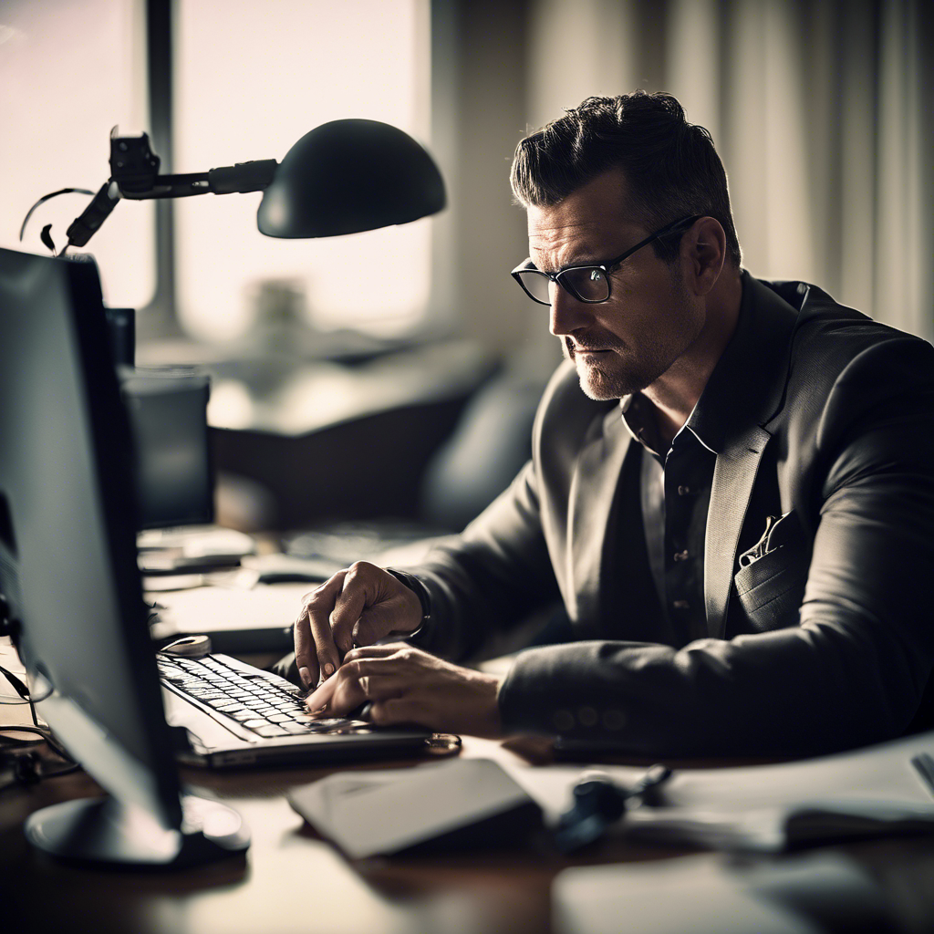 a marketing consultant in a suit and glasses is typing on a computer